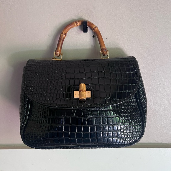 Hillard & Hanson Handbags - Hillard & Hanson Black Croc-Embossed Satchel with Bamboo Handle